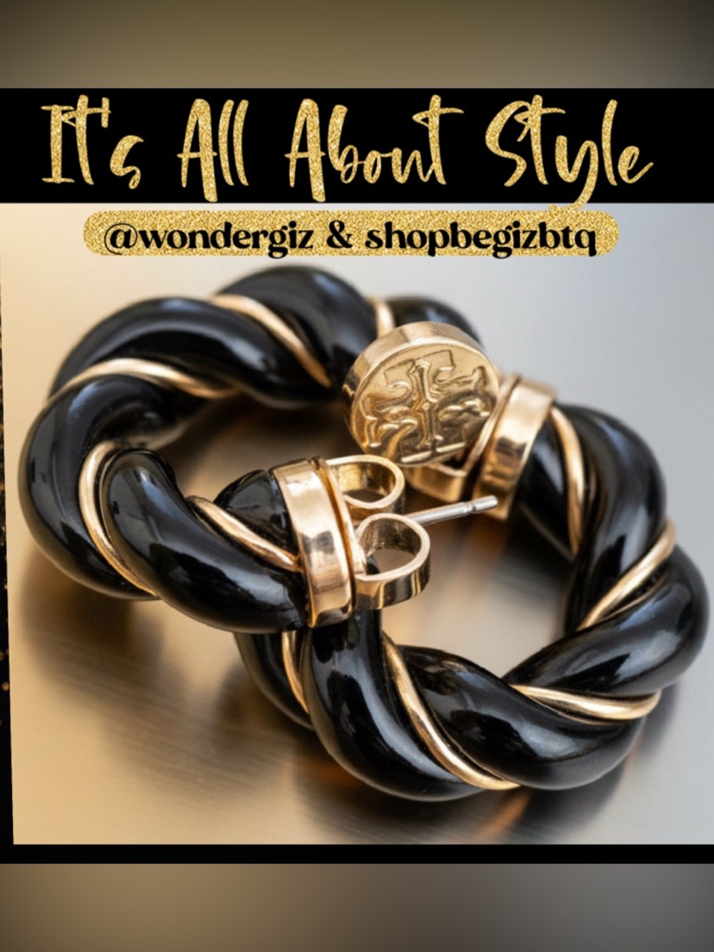 NWT Authentic Tory Burch Black and Gold Textured Rope Hoop Earrings - Picture 8 of 13